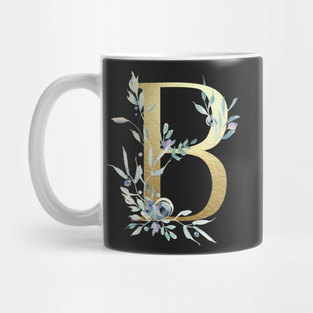 B - Gold Monogram Letter with Watercolor Flowers by GDCdesigns